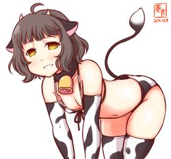 Rule 34 | 1girl, ahoge, alternate costume, anal tail, animal ears, animal print, artist logo, bell, bikini, blunt bangs, breasts, brown eyes, brown hair, butt plug, commentary request, cow ears, cow horns, cow print, cow tail, cowbell, cowboy shot, dated, downblouse, elbow gloves, fake animal ears, fake horns, fake tail, front-tie top, gloves, horns, kanon (kurogane knights), kantai collection, kishinami (kancolle), leaning forward, no pupils, one-hour drawing challenge, parted lips, short hair, simple background, small breasts, smile, solo, swimsuit, tail, thighhighs, wavy hair, white background, white bikini, white gloves, white thighhighs