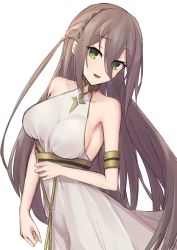 Rule 34 | 1girl, adele (fate), armlet, bare shoulders, breasts, brown hair, dress, elfenlied22, fate/grand order, fate (series), green eyes, hair between eyes, jewelry, large breasts, long hair, looking at viewer, neck ring, open mouth, simple background, smile, solo, underbust, very long hair, white background, white dress