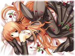 Rule 34 | 1girl, bed, black gloves, black theme, boots, capelet, dress, elbow gloves, flower, from above, gloves, high heels, long hair, looking at viewer, natural another one 2nd belladonna, orange hair, petals, purple eyes, rose, shoes, solo, tsurugi hagane, very long hair, yachigusa itsuki