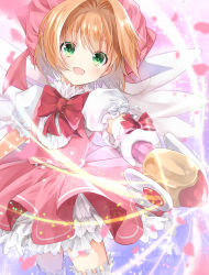 Rule 34 | 1girl, :d, blurry, bow, bowtie, cardcaptor sakura, cowboy shot, depth of field, dress, frilled dress, frills, fuuin no tsue, gloves, green eyes, hat, highres, holding, holding wand, iroha (shiki), kinomoto sakura, light brown hair, looking at viewer, magic, open mouth, outstretched arm, petals, pink dress, pink hat, puffy short sleeves, puffy sleeves, red bow, red bowtie, short hair, short sleeves, smile, solo, thighhighs, wand, white gloves, white thighhighs, white wings, wings