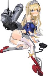 Rule 34 | 1girl, ass, blonde hair, blue shirt, breasts, cargo net, cleavage, dress, fletcher (kancolle), full body, gloves, kantai collection, large breasts, long hair, machinery, off shoulder, official art, panties, pleated skirt, ribbon, sailor collar, sailor dress, school uniform, serafuku, shirt, skirt, solo, thighhighs, torn clothes, transparent background, turret, underwear, white gloves, yellow ribbon, zeco