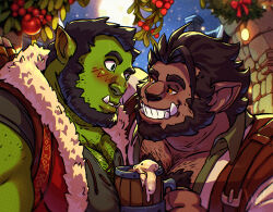 Rule 34 | 2boys, alcohol, back hair, bara, beard, beer, between pectorals, blush, colored skin, commission, couple, dark-skinned male, dark skin, face-to-face, facial hair, from side, full beard, fur-trimmed jacket, fur trim, furry, furry with non-furry, green skin, hairy, hey guffaw, imminent kiss, interspecies, jacket, large pectorals, male focus, mature male, mistletoe, monster boy, multiple boys, muscular, muscular male, orc, original, pectoral cleavage, pectoral press, pectorals, pointy ears, pushing, seductive smile, short hair, smile, thick beard, thick chest hair, thick eyebrows, tusks, wide-eyed, wolf boy, yaoi