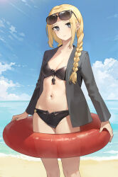Rule 34 | 1girl, absurdres, beach, bikini, black bikini, black jacket, blonde hair, blue sky, blush, braid, breasts, cleavage, cloud, cloudy sky, commission, cowboy shot, eyewear on head, girls&#039; frontline, grey eyes, hair ornament, head tilt, highres, holding, holding swim ring, innertube, jacket, long hair, looking at viewer, mentha, official alternate costume, open clothes, open jacket, outdoors, sand, serdyukov (crow lifeguard) (girls&#039; frontline), serdyukov (girls&#039; frontline), sky, small breasts, solo, star (symbol), star hair ornament, straight-on, sunglasses, swim ring, swimsuit, water, whistle