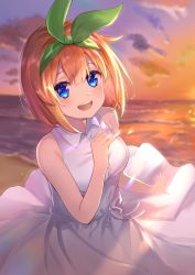 Rule 34 | 1girl, :d, bare arms, bare shoulders, beach, blue eyes, blurry, blurry background, breasts, brown hair, cloud, collared dress, commentary request, depth of field, dress, eyebrows hidden by hair, go-toubun no hanayome, green ribbon, hair between eyes, hair ribbon, hand up, highres, horizon, long hair, medium breasts, nakano yotsuba, ocean, omelet tomato, open mouth, outdoors, ribbon, round teeth, sky, sleeveless, sleeveless dress, smile, solo, sunset, teeth, upper teeth only, white dress
