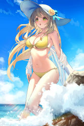 Rule 34 | 1girl, :o, absurdres, bikini, blonde hair, blue archive, blue sky, blush, breasts, cloud, day, floating hair, flower, green eyes, hallo (rltkdydrltk), hat, hat flower, hat ribbon, highres, large breasts, long hair, navel, nonomi (blue archive), nonomi (swimsuit) (blue archive), ocean, open mouth, outdoors, ribbon, rock, rose, shirt, sky, solo, stomach, sun hat, swimsuit, thighs, waves, wet, wet clothes, wet shirt, white shirt, yellow bikini, yellow flower, yellow rose