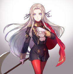 Rule 34 | 1girl, axe, blonde hair, cape, ascot, edelgard von hresvelg, fire emblem, fire emblem: three houses, gloves, hair ornament, highres, kokouno oyazi, long hair, looking at viewer, nintendo, pantyhose, purple eyes, red cape, ribbon, simple background, smile, solo, uniform, weapon, white background