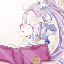 Rule 34 | 1girl, :d, ahoge, animal, book, cat, choker, closed eyes, collarbone, crying, cure beat, hair intakes, hair ornament, heart, heart hair ornament, holding, holding animal, hummy (suite precure), kurokawa eren, long hair, official style, open book, open mouth, precure, purple hair, seiren (suite precure), shin (irowanioedo), short sleeves, side ponytail, simple background, smile, solo, suite precure, sunlight, tears, upper body, very long hair, white background