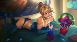Rule 34 | 1girl, 1other, absurdres, ass, bed, blonde hair, blue eyes, breasts, cleavage, danderfull, detached sleeves, folded hair, hair ornament, hair stick, highres, holographic interface, looking at another, lying, medium breasts, metroid, metroid (creature), nintendo, on stomach, parted lips, planet, samus aran, smile, space, strapless, thighhighs, tube top, window