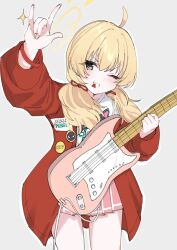 Rule 34 | 1girl, \m/, absurdres, ahoge, arm up, blonde hair, blue archive, blush, brown eyes, cowboy shot, grey background, grin, guitar, hair over shoulder, highres, holding, holding guitar, holding instrument, instrument, jacket, kaito (kaito921125), long hair, looking at viewer, miniskirt, official alternate costume, one eye closed, open clothes, open jacket, outline, pink skirt, plectrum in mouth, red eyes, shirt, skirt, smile, solo, white outline, white shirt, yoshimi (band) (blue archive), yoshimi (blue archive)