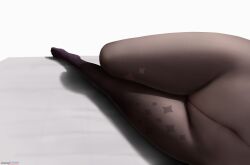 Rule 34 | 1girl, black pantyhose, commentary request, covered navel, genshin impact, highres, legs, lower body, lying, mona (genshin impact), on side, pantyhose, simple background, solo, sparkle print, thighs, z282g