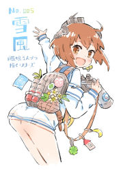 Rule 34 | 10s, 1girl, :d, ass, backpack, bag, binoculars, blush, brown eyes, brown hair, character name, crescent moon, dress, flag, flower, hair ornament, headgear, kantai collection, leaning, leaning forward, looking at viewer, looking back, moon, open mouth, sailor dress, school uniform, serafuku, short hair, simple background, smile, sodapop (iemaki), solo, solo focus, translation request, white background, yukikaze (kancolle)