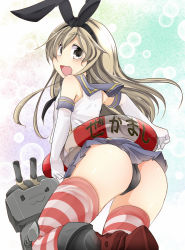Rule 34 | 10s, 1girl, :d, aki (akikaze asparagus), ass, black panties, blonde hair, boots, brown eyes, cameltoe, elbow gloves, gloves, hairband, innertube, kantai collection, long hair, looking at viewer, looking back, open mouth, panties, pantyshot, personification, rensouhou-chan, shimakaze (kancolle), skirt, smile, solo, striped clothes, striped thighhighs, swim ring, thighhighs, translation request, underwear, upskirt, white gloves