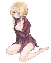 Rule 34 | 1girl, absurdres, bad id, bad pixiv id, blonde hair, blush, breasts, collarbone, covering privates, covering breasts, embarrassed, frown, genshin impact, hair between eyes, highres, jacket, kino (m6t2a), looking at viewer, lumine (genshin impact), naked jacket, seiza, short hair, simple background, sitting, solo, white background, yellow eyes