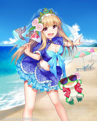 Rule 34 | 1girl, :d, beach, beach umbrella, blue dress, blue skirt, blue sky, breasts, brown hair, cleavage, cleavage cutout, clothing cutout, crown, day, dress, floral print, flower, frog, hair flower, hair ornament, long hair, looking at viewer, lost crusade, midriff, ocean, official art, open mouth, outdoors, pointing, red shirt, shimoe, shirt, skirt, sky, smile, solo, standing, sunglasses, umbrella
