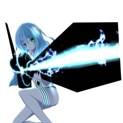 Rule 34 | 1girl, blue eyes, blue hair, commentary request, golem (kiyomin), green eyes, gun, heterochromia, highres, kiyomin, long hair, looking at viewer, matching hair/eyes, original, simple background, solo, weapon, white background