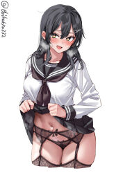 Rule 34 | 1girl, alternate costume, black garter belt, black hair, black neckerchief, black panties, black sailor collar, black skirt, black thighhighs, blush, breasts, clothes lift, collarbone, commentary, commentary request, cowboy shot, cropped legs, ebifurya, foreshortening, garter belt, hair between eyes, hair ornament, hairclip, hairpin, heavy breathing, highres, kantai collection, lace, lace-trimmed garter belt, lace-trimmed legwear, lace-trimmed panties, lace trim, large breasts, lifting own clothes, long hair, long sleeves, looking at viewer, navel, neckerchief, nervous smile, open mouth, oyashio (kancolle), panties, sailor collar, shirt, sidelocks, simple background, skirt, skirt lift, smile, solo, steaming body, stomach, symbol-only commentary, thick thighs, thighhighs, thighs, twitter username, underwear, variant set, white background, white shirt, yellow eyes