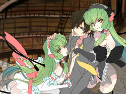 Rule 34 | 1boy, 2girls, c.c., chii, chii (cosplay), chobits, choker, code geass, cosplay, creayus, detached sleeves, dual persona, elda, elda (cosplay), flat color, frills, green hair, headdress, lelouch vi britannia, multiple girls, puffy sleeves, robot ears, see-through, smile, thighhighs, unfinished, yellow eyes