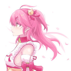 Rule 34 | 1girl, ahoge, bell, detached sleeves, eihire, from side, green eyes, hair bell, hair ornament, hairclip, hololive, long hair, petals, pink hair, sakura miko, sakura miko (1st costume), solo, upper body, virtual youtuber, white background, x hair ornament