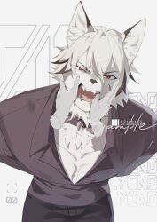 1boy animal_ear_fluff arms_behind_back body_fur collar commentary dagmellv disembodied_hand english_commentary fangs furry furry_male grey_background hand_in_mouth hands_on_another&#039;s_cheeks hands_on_another&#039;s_face looking_at_viewer male_focus open_mouth red_eyes shirt short_hair spiked_collar spikes uneven_eyes upper_body von_lycaon white_fur white_hair wolf_boy zenless_zone_zero