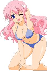 Rule 34 | 1girl, absurdres, artist request, baka to test to shoukanjuu, bikini, blue eyes, breasts, cleavage, female focus, groin, hair ornament, hairclip, highres, himeji mizuki, hip focus, large breasts, legs, long hair, looking at viewer, navel, one eye closed, open mouth, pink hair, smile, solo, standing, swimsuit, thighs, third-party edit, tongue, transparent background, vector trace, wink