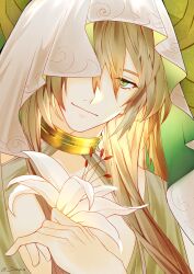 Rule 34 | 1boy, absurdres, androgynous, blonde hair, closed mouth, cosplay, flower, green eyes, hair between eyes, highres, holding, holding flower, honkai: star rail, honkai (series), long hair, luocha (honkai: star rail), male focus, saquis, smile, solo, upper body, veil, white flower, yaoshi (honkai: star rail), yaoshi (honkai: star rail) (cosplay)
