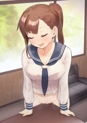 Rule 34 | 1girl, blue neckerchief, blue sailor collar, blush, bottomless, braid, breasts, censored, cleavage, closed eyes, collarbone, couch, crotch rub, fang, female focus, female masturbation, heart, heart censor, highres, kunabishi, large breasts, long hair, long sleeves, masturbation, neckerchief, open mouth, original, sailor collar, school uniform, seitokai nimo anawa aru!, shirt, side ponytail, solo, standing, sweat, table, table humping, white shirt