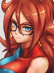 Rule 34 | 1girl, android 21, bare shoulders, black-framed eyewear, blue dress, blue eyes, breasts, brown hair, checkered clothes, checkered dress, closed mouth, collarbone, commentary request, curly hair, dragon ball, dragon ball fighterz, dress, earrings, female focus, glasses, grey background, hoop earrings, jewelry, kemachiku, large breasts, long hair, looking at viewer, multicolored clothes, multicolored dress, neck, red dress, simple background, sleeveless, sleeveless dress, smile, solo, two-tone dress, upper body, very long hair
