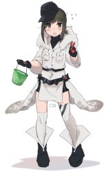 Rule 34 | 1girl, absurdres, black footwear, black hat, blush, boots, brown eyes, brown hair, bucket, coat, flying sweatdrops, fubuki (kancolle), full body, fur-trimmed coat, fur trim, gloves, hat, highres, holding, holding bucket, kantai collection, ma rukan, open mouth, repair bucket, short hair, short ponytail, signature, simple background, solo, standing, thighhighs, white background, white coat, white thighhighs