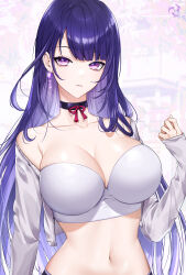 Rule 34 | 1girl, absurdres, alternate costume, bandeau, bare shoulders, black choker, bra, breasts, choker, cleavage, collarbone, crop top, cropped jacket, earrings, genshin impact, glint, hand up, highres, jacket, jewelry, large breasts, long hair, long sleeves, looking at viewer, midriff, mitsudomoe (shape), mole, mole under eye, navel, off shoulder, open clothes, open jacket, parted lips, purple eyes, purple hair, raiden shogun, raku (clearpage), skindentation, sleeves past wrists, solo, stomach, straight hair, strapless, strapless bra, tomoe (symbol), underwear, upper body, very long hair, white background, white jacket