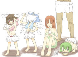 Rule 34 | 4girls, all fours, antennae, bad id, bad pixiv id, barefoot, bloomers, blue hair, bottomless, bowl, brown hair, cirno, drinking, drinking straw, feet, female focus, green eyes, green hair, hand on own hip, hip focus, hong meiling, ice, inaba tewi, manly, milk, multiple girls, pet bowl, red eyes, red hair, saucer, tongue, topless, touhou, towel, translated, underwear, urin, wings, wriggle nightbug