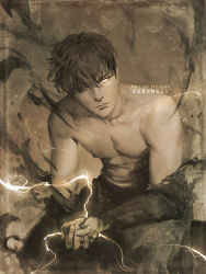 Rule 34 | 1boy, abs, arms on knees, art of neight, black hair, glowing, glowing eye, highres, leaning forward, looking at viewer, monochrome, muscular, muscular male, own hands together, sepia, short hair, sitting, solo, solo leveling, sparks, sung jin-woo, topless male, torn clothes, twitter logo