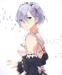 Rule 34 | 10s, 1girl, bad id, bad pixiv id, bare shoulders, blue eyes, blue hair, bow, collar, corset, detached collar, detached sleeves, frilled collar, frilled sleeves, frills, hair between eyes, hair ornament, highres, juliet sleeves, long sleeves, looking at viewer, looking back, maid, maid headdress, parted lips, petals, puffy sleeves, re:zero kara hajimeru isekai seikatsu, rem (re:zero), ribbon-trimmed clothes, ribbon-trimmed sleeves, ribbon trim, saibe, short hair, solo, underbust, upper body, white background, white bow, wide sleeves, x hair ornament