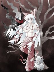 Rule 34 | 1girl, bare tree, bow, brown background, closed mouth, collared shirt, commentary, creatures (company), crossed arms, darkrai, english commentary, fujiwara no mokou, full body, game freak, gen 4 pokemon, greatmothsucks, hair between eyes, hair bow, highres, hisuian zorua, legendary pokemon, long hair, looking at viewer, mythical pokemon, nintendo, pants, pokemon, pokemon (creature), red eyes, red pants, shirt, standing, standing on one leg, suspenders, touhou, tree, v-shaped eyebrows, white hair, white shirt