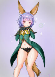 Rule 34 | 1girl, animal ears, black gloves, black panties, braid, detached sleeves, dog ears, dog tail, dress, elin, gloves, green dress, hair intakes, highres, kumehara chiyota, legs, looking at viewer, navel, open clothes, open dress, own hands together, panties, purple eyes, purple hair, short hair, short twintails, solo, tail, tera online, thigh gap, thighs, twin braids, twintails, underwear