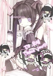 Rule 34 | 1girl, bandaid, bandaid on leg, bare shoulders, black hair, black thighhighs, blush stickers, chibi, choker, commission, flat chest, highres, indoors, jirai kei, long hair, looking at viewer, maid, original, pale skin, purple eyes, sitting, solo, spiked choker, spikes, tearing up, thighhighs, twintails, wavy mouth, youyuu (melt yo103)