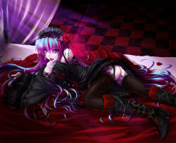 Rule 34 | 1girl, alcohol, bad id, bed, black nails, boots, chain, fang, fangs, finger to mouth, flower, frills, garter belt, glass, goth fashion, gothic lolita, hairband, knee boots, kochipu, kochipu2, lolita fashion, long hair, lying, megurine luka, nail polish, pale skin, purple eyes, purple hair, solo, thighhighs, vampire, very long hair, vocaloid, wine