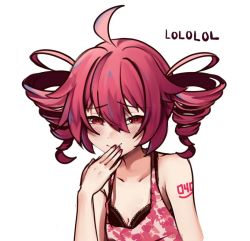 Rule 34 | 1girl, ahoge, blush, bra, breasts, camouflage, camouflage shirt, cleavage, drill hair, hair flaps, half-closed eyes, hand on own face, ianxy2, kasane teto, lace, lace-trimmed bra, lace trim, laughing, long hair, nail polish, pink hair, red eyes, shirt, small breasts, smile, solo, tank top, twin drills, underwear, utau, white background
