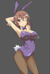 Rule 34 | 1girl, animal ears, arched back, armpits, breasts, brown eyes, brown hair, cleavage, covered navel, fake animal ears, fishnet pantyhose, fishnets, highres, large breasts, leotard, mature female, misaka misuzu, one eye closed, pantyhose, pinky out, playboy bunny, rabbit ears, rabbit tail, short hair, simple background, solo, tail, toaru majutsu no index, touryou, wink, wrist cuffs