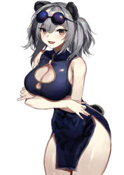 Rule 34 | 1girl, :d, absurdres, animal ears, arknights, armpit crease, bare arms, bare shoulders, black dress, breast hold, breasts, china dress, chinese clothes, cleavage, cleavage cutout, clothing cutout, cowboy shot, dress, eyewear on head, feater (arknights), grey hair, highres, large breasts, long hair, looking at viewer, molyb, multicolored hair, no jacket, no panties, open mouth, orange eyes, panda ears, panda girl, panda tail, pelvic curtain, round eyewear, simple background, sleeveless, sleeveless dress, smile, solo, standing, streaked hair, sunglasses, thighs, white background