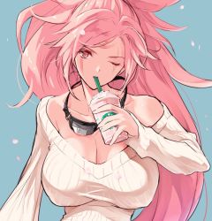 Rule 34 | 1girl, amputee, baiken, bare shoulders, blue background, breasts, cleavage, covered erect nipples, facial tattoo, frappuccino, guilty gear, highres, jako (toyprn), large breasts, long hair, looking at viewer, one-eyed, one eye closed, pink eyes, pink hair, scar, scar across eye, scar on face, solo, sweater, tattoo, upper body