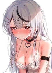 Rule 34 | 1girl, arm strap, asymmetrical hair, black collar, black hair, blush, braid, breasts, camisole, cleavage, closed mouth, collar, commentary, cowlick, crying, crying with eyes open, ear piercing, earclip, fang, frilled camisole, frills, furrowed brow, grey hair, hair ornament, hairclip, heart collar, highres, hololive, ineka ka, large breasts, long hair, looking at viewer, multicolored hair, piercing, red eyes, sad, sakamata chloe, sakamata chloe (1st costume), side braid, simple background, single braid, skin fang, solo, streaked hair, sweat, tearing up, tears, upper body, virtual youtuber, white background, white camisole, x hair ornament