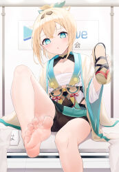 Rule 34 | 1girl, aqua eyes, bare legs, barefoot, black shorts, blonde hair, blush, breasts, chest sarashi, cleavage, crossed bangs, eyelashes, feet, foot focus, foot out of frame, foot up, foreshortening, hair ribbon, hairband, hand up, haori, highres, holding sandals, hololive, indoors, japanese clothes, kazama iroha, kazama iroha (1st costume), knee up, kou futoshi, long hair, open mouth, parted bangs, ponytail, presenting foot, ribbon, sarashi, shorts, sidelocks, sitting, sitting on table, small breasts, smell, soles, solo, spread toes, steaming body, sweat, sweatdrop, thighs, tile floor, tiles, toenails, toes, unworn thighhighs, virtual youtuber, wide sleeves