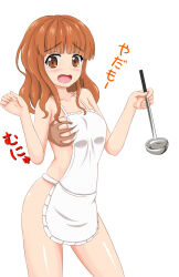 Rule 34 | 1boy, 1girl, apron, blush, grabbing another&#039;s breast, breasts, disembodied limb, girls und panzer, grabbing, grabbing from behind, hetero, large breasts, long hair, looking back, medium breasts, naked apron, nuppunuppu, open mouth, orange eyes, orange hair, soup ladle, takebe saori, white background
