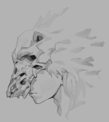 Rule 34 | 1other, ambiguous gender, close-up, closed mouth, grey background, greyscale, hatching (texture), mask, monochrome, original, rat huang, simple background, sketch, skull, skull mask, solo, upper body