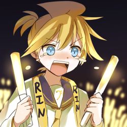 Rule 34 | 1boy, audience, bass clef, black background, black collar, blonde hair, blue eyes, character name, collar, commentary, crying, crying with eyes open, glowing, glowstick, happy tears, highres, holding glowstick, kagamine len, male focus, necktie, open mouth, penlight (glowstick), sailor collar, shirt, short hair, sketch, solo, spiked hair, tears, upper body, vocaloid, wakolenrin, white shirt, yellow necktie