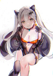Rule 34 | 1girl, :3, animal ears, between legs, bikini, black choker, breasts, cat ears, choker, cleavage, closed mouth, commentary, earrings, english commentary, five-seven (girls&#039; frontline), girls&#039; frontline, hair ornament, halloween, hand between legs, head tilt, jewelry, large breasts, leg strap, looking at viewer, mirutu, navel, orange bikini, signature, single thighhigh, sitting, smile, solo, swimsuit, thigh strap, thighhighs, twintails, yellow eyes