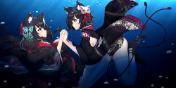 Rule 34 | 2girls, air bubble, animal ears, azur lane, bad id, bad pixiv id, bell, black footwear, black hair, black kimono, blue eyes, blush, breasts, bubble, butterfly hair ornament, cat ears, day, eye contact, feet out of frame, floral print, from side, full body, fusou (azur lane), hair ornament, hair tie, highres, holding hands, interlocked fingers, japanese clothes, jingle bell, kimono, large breasts, leaning back, leaning forward, light rays, long hair, long sleeves, looking at another, low-tied long hair, multiple girls, profile, red eyes, shoes, short hair, sideboob, submerged, sunbeam, sunlight, tareme, tassel, thighhighs, tohochang, underwater, water, white legwear, wide sleeves, yamashiro (azur lane)