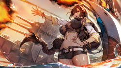 Rule 34 | 1girl, absurdres, action, azur lane, bangle, bare shoulders, belt, bird, black hair, bracelet, braid, breasts, brown eyes, buckle, cannon, cleavage, crop top, dark-skinned female, dark skin, evening, feather hair ornament, feathers, firing, floating hair, hair between eyes, hair ornament, han-0v0, hand on own hip, highres, jewelry, large breasts, long hair, looking afar, machinery, nail polish, native american, navel, necklace, open mouth, outdoors, outstretched hand, partially submerged, rigging, short shorts, shorts, sidelocks, skindentation, sleeves rolled up, solo, south dakota (azur lane), splashing, standing, standing in water, stomach, tassel, thighhighs, turret, wading, water, water drop, wet, wet clothes, wet hair