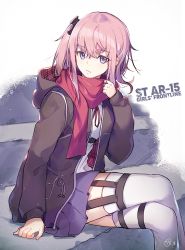 Rule 34 | 1girl, adjusting scarf, alternate costume, blue eyes, character name, closed mouth, crossed legs, girls&#039; frontline, hair between eyes, hair ornament, hood, hood down, hoodie, long hair, looking at viewer, multicolored hair, nagu, neck ribbon, one side up, open clothes, open hoodie, pink hair, pleated skirt, purple skirt, ribbon, scarf, school uniform, shirt, side ponytail, signature, sitting, skirt, solo, st ar-15 (girls&#039; frontline), streaked hair, thigh strap, thighhighs, white shirt, white thighhighs