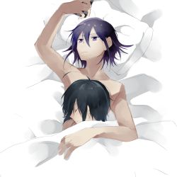 Rule 34 | 2boys, arm up, bed, bed sheet, black hair, blanket, boy on top, collarbone, danganronpa (series), danganronpa v3: killing harmony, from above, frown, hair between eyes, highres, lying, lying on person, male focus, multiple boys, nude, oma kokichi, pillow, purple eyes, saihara shuichi, selfie, short hair, sleeping, sumika (rrz03), under covers, white background, yaoi